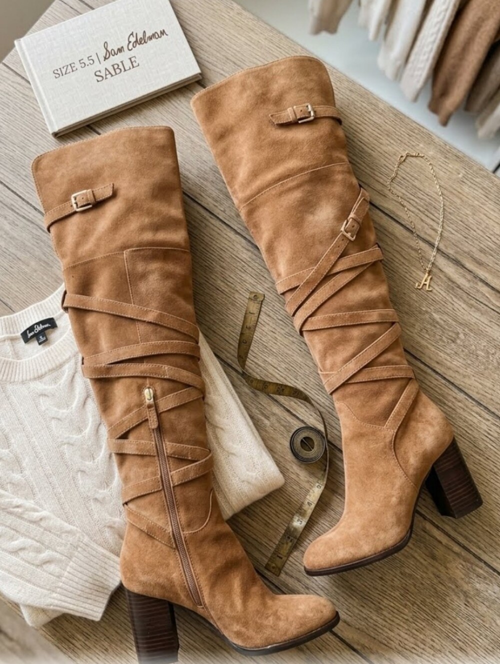 Sam Edelman Sable Strappy Suede OTK Boots Tan 5.5